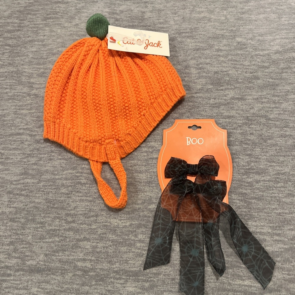 Cat & Jack Baby Halloween‎ Pumpkin Hat Stretch & Spider Web Hair Clips Bows New